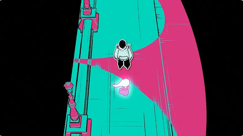 Student work: two characters on a stylized bridge, teal and magenta color palette