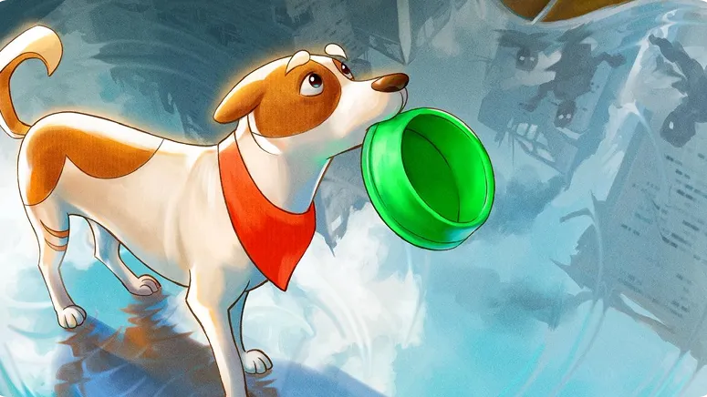 Student work: illustrated dog character holding a bowl against a futuristic city backdrop