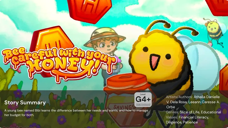Student work: "Bee Careful With Your Honey!" educational game interface featuring a bee character