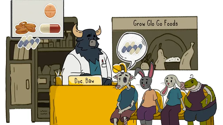 Student work: illustrated comic scene featuring a veterinarian character and patients