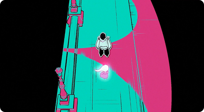 Student work: two characters on a stylized bridge, teal and magenta color palette
