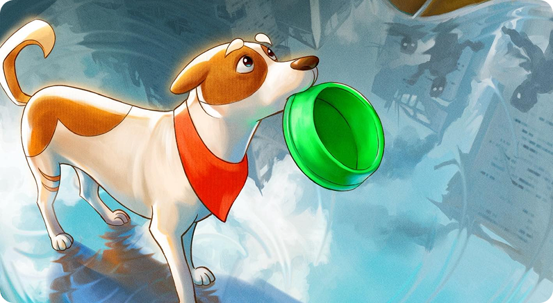Student work: illustrated dog character holding a bowl against a futuristic city backdrop