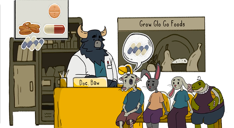 Student work: illustrated comic scene featuring a veterinarian character and patients